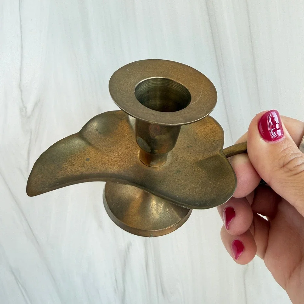 Vintage Brass Leaf Chamberstick Candle Holder Pair with Finger Loop Handle